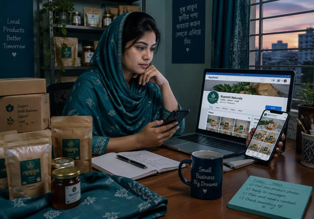 একজন ব্যবসায়ী ল্যাপটপ ও ফোনে নিজের ফেসবুক পেজ ও পণ্যের ছবি পর্যালোচনা করছেন